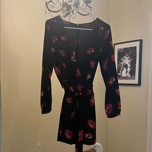 Dalia Black Long-Sleeve Dress with Red Floral Print